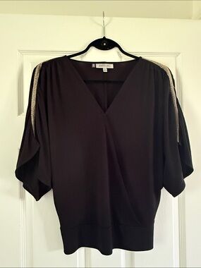 Jennifer Lopez Black V-Neck Dolman Top with Gold Shoulder Trim